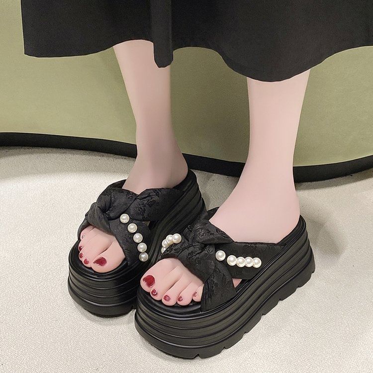 Faux Pearl Knotted Platform Slide Sandals