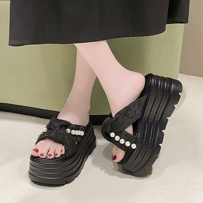 Faux Pearl Knotted Platform Slide Sandals