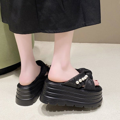 Faux Pearl Knotted Platform Slide Sandals