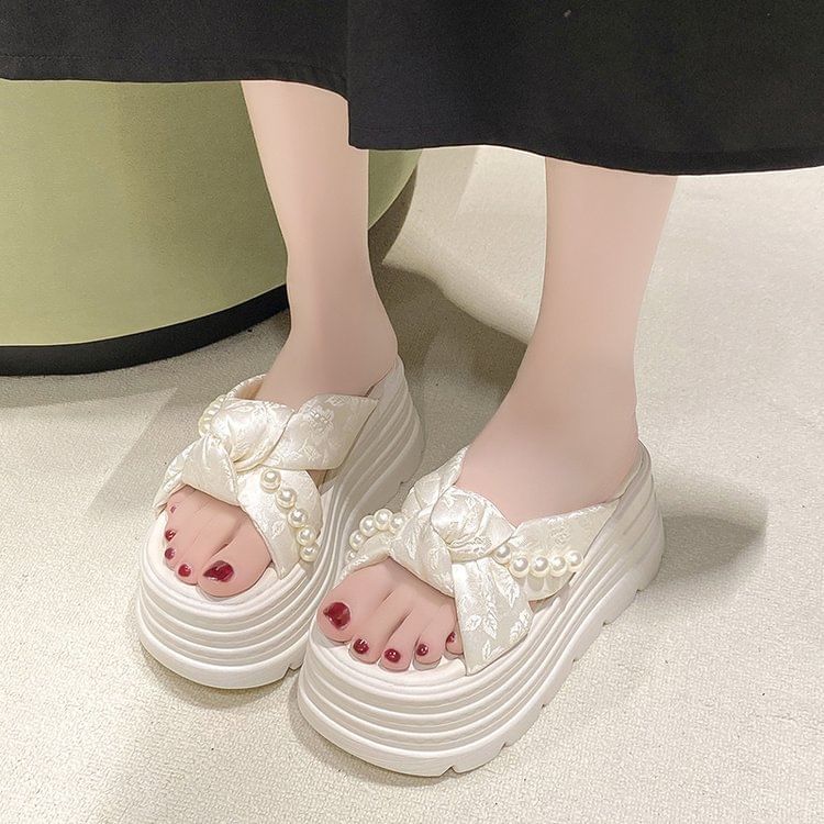 Faux Pearl Knotted Platform Slide Sandals