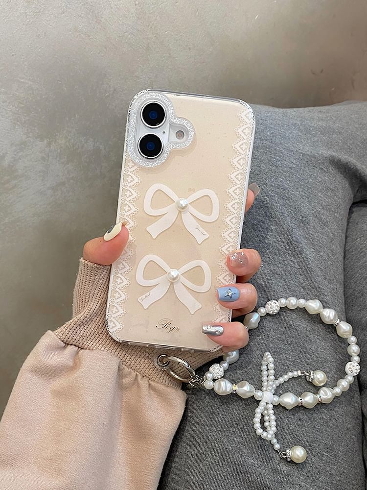 Lace Print Phone Case / Faux Pearl Strap / Set
