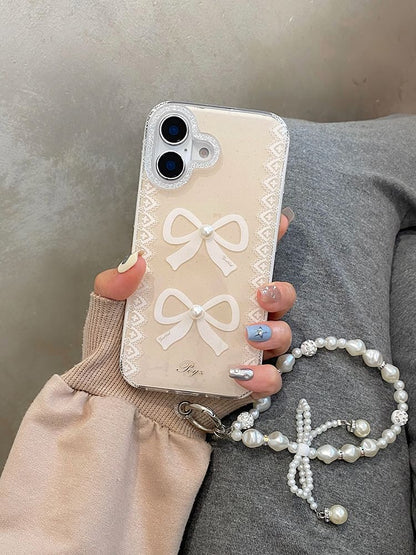 Lace Print Phone Case / Faux Pearl Strap / Set