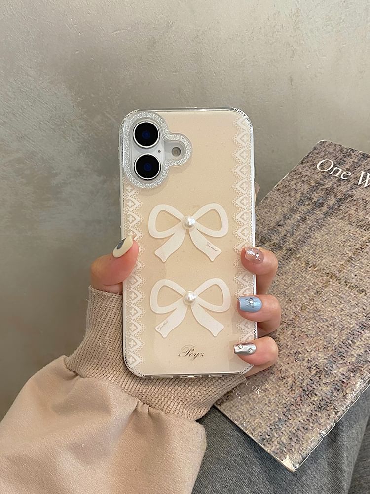 Lace Print Phone Case / Faux Pearl Strap / Set