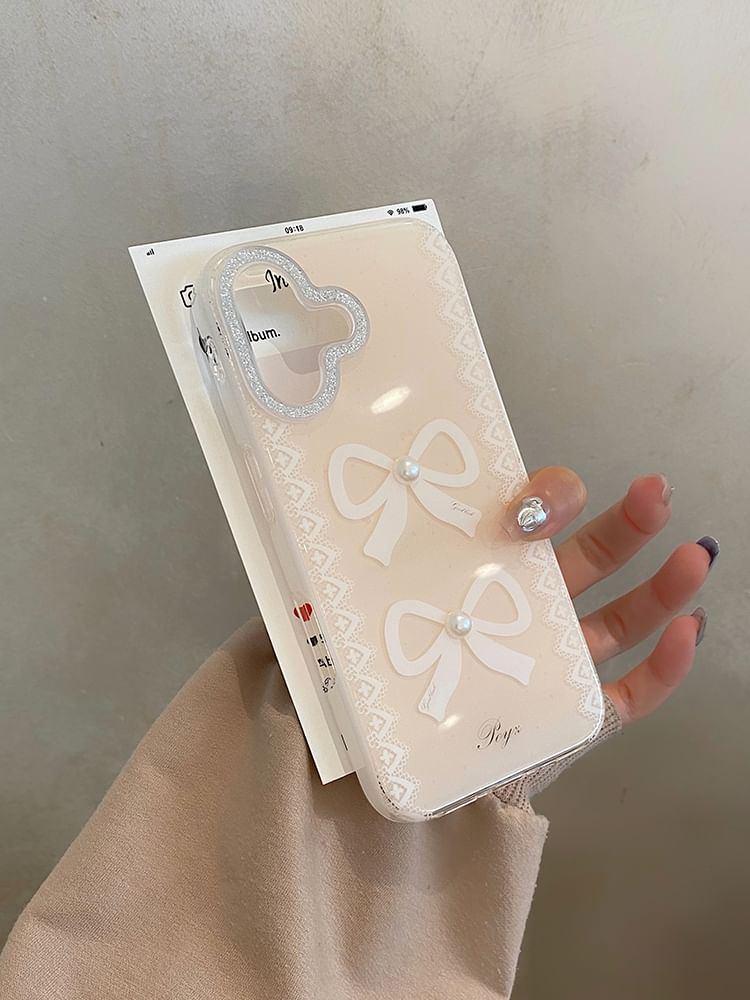 Lace Print Phone Case / Faux Pearl Strap / Set