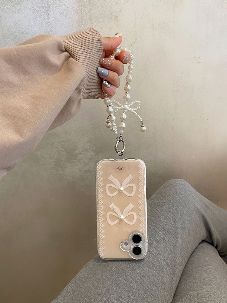 Lace Print Phone Case / Faux Pearl Strap / Set