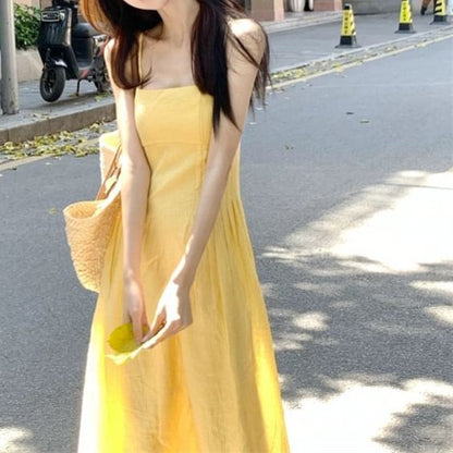 Spaghetti Strap Plain Midi A-Line Dress