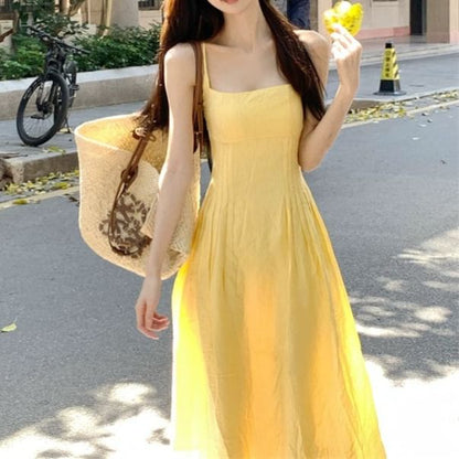 Spaghetti Strap Plain Midi A-Line Dress