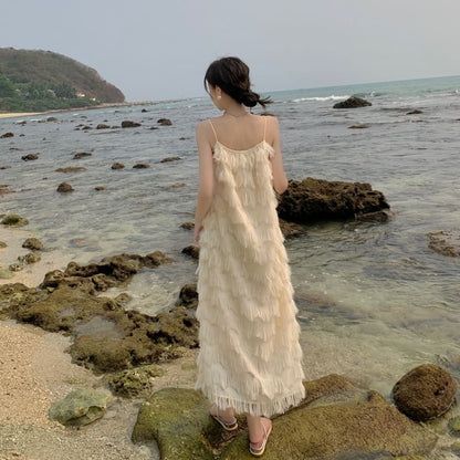 Spaghetti Strap Plain Fringe Maxi A-Line Dress