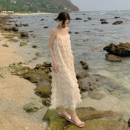 Fringe Spaghetti Strap Solid A-Line Maxi Dress