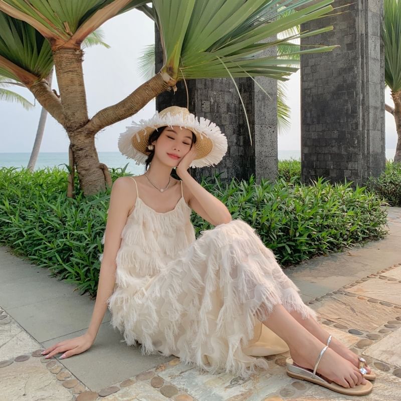 Fringe Spaghetti Strap Solid A-Line Maxi Dress