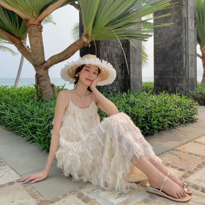 Fringe Spaghetti Strap Solid A-Line Maxi Dress