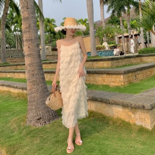 Spaghetti Strap Plain Fringe Maxi A-Line Dress