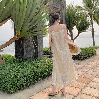 Spaghetti Strap Plain Fringe Maxi A-Line Dress