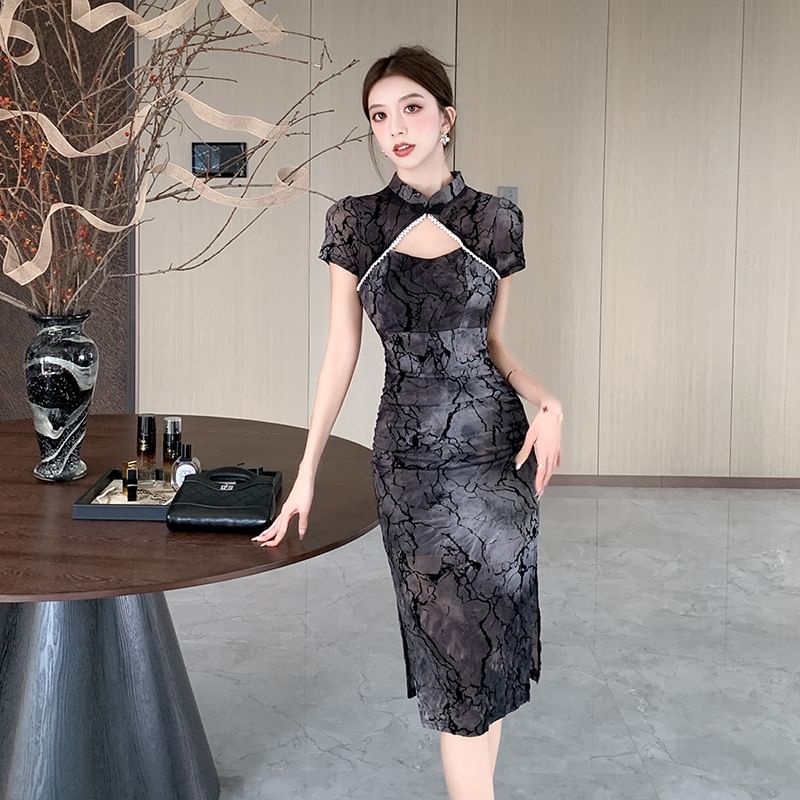 Short-Sleeve Print Cutout Slit Faux Pearl Midi Qipao