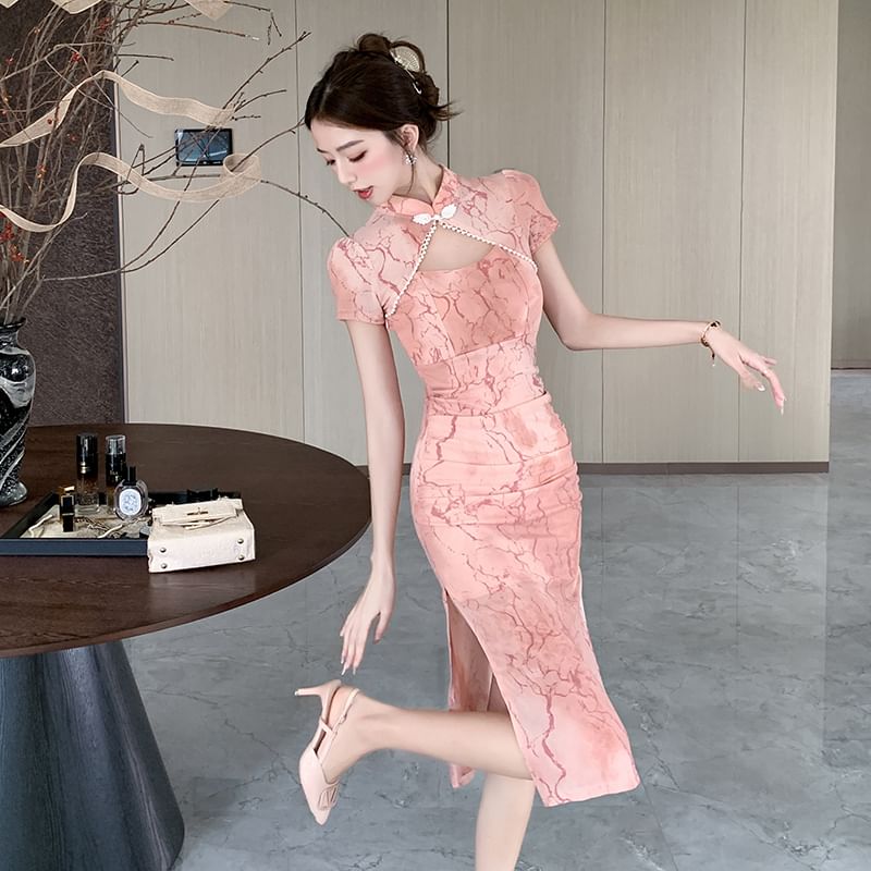 Short-Sleeve Print Cutout Slit Faux Pearl Midi Qipao