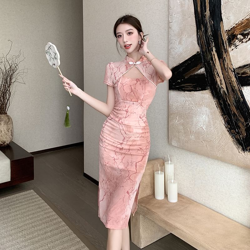 Short-Sleeve Print Cutout Slit Faux Pearl Midi Qipao