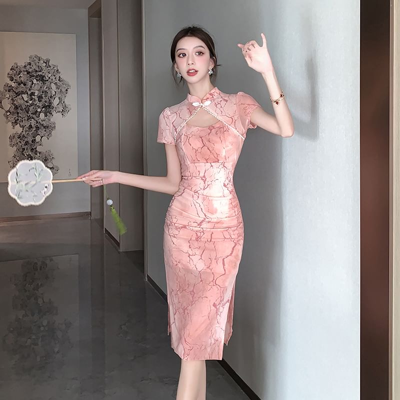 Short-Sleeve Print Cutout Slit Faux Pearl Midi Qipao