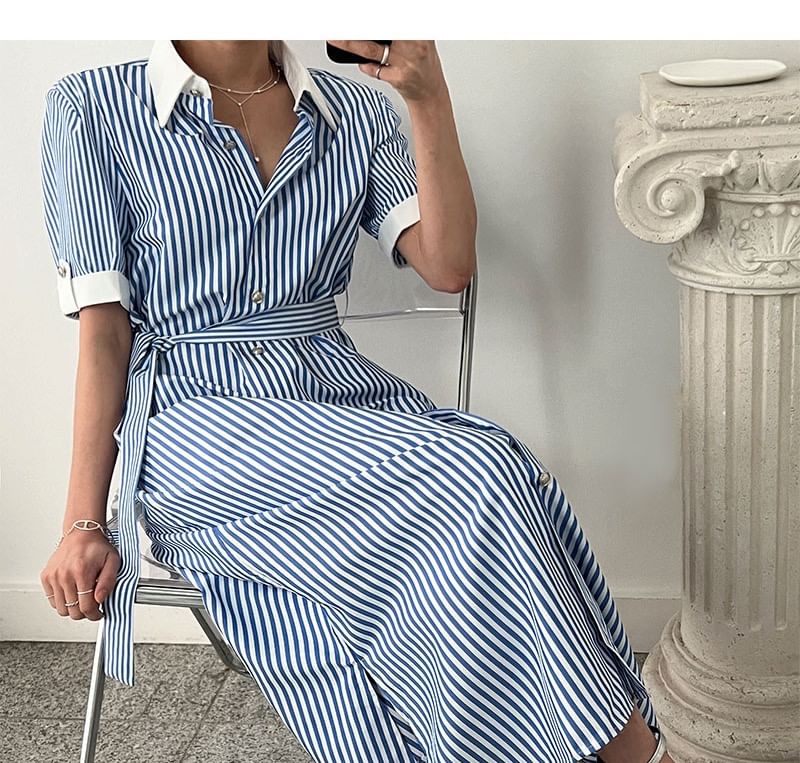 Striped A-Line Shirt Dress, Short Sleeve Maxi