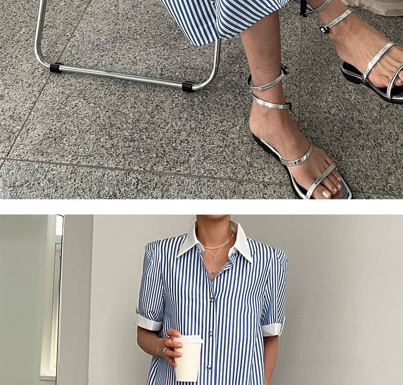 Striped A-Line Shirt Dress, Short Sleeve Maxi
