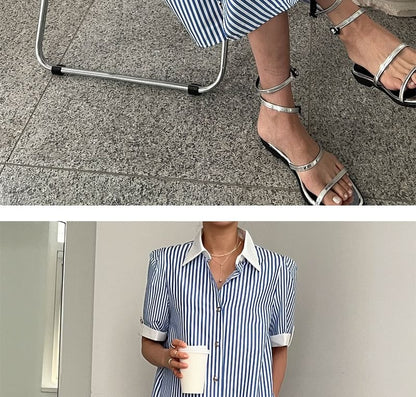 Striped A-Line Shirt Dress, Short Sleeve Maxi