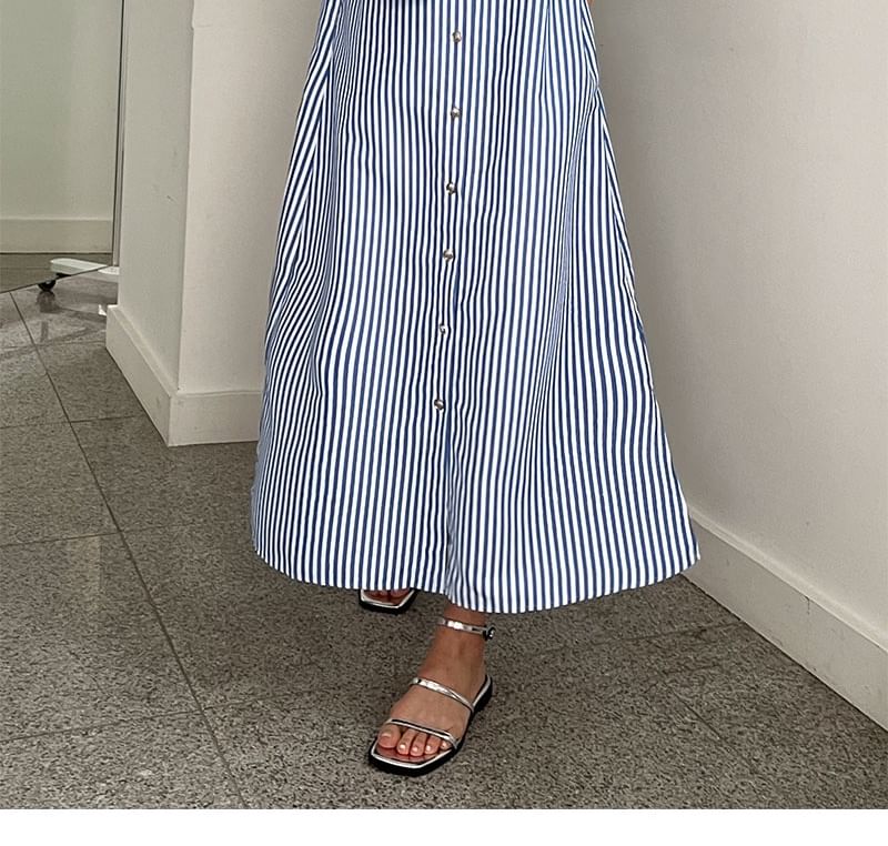 Striped A-Line Shirt Dress, Short Sleeve Maxi