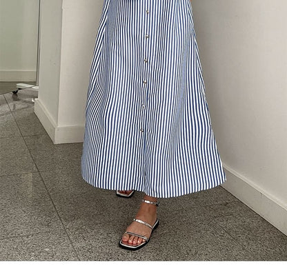 Striped A-Line Shirt Dress, Short Sleeve Maxi