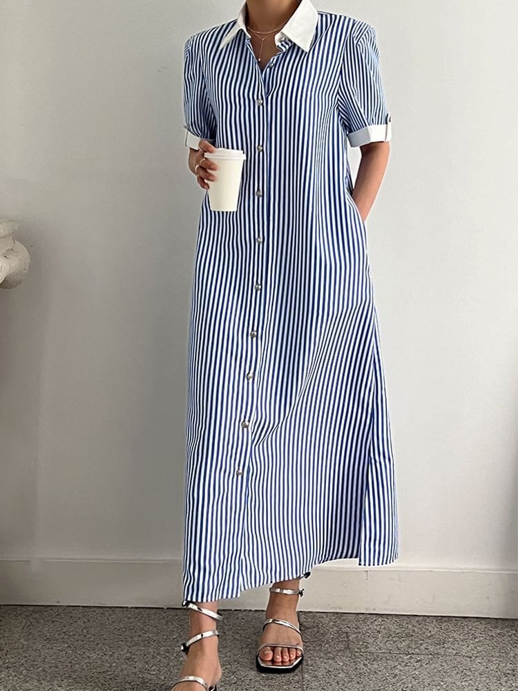 Striped A-Line Shirt Dress, Short Sleeve Maxi