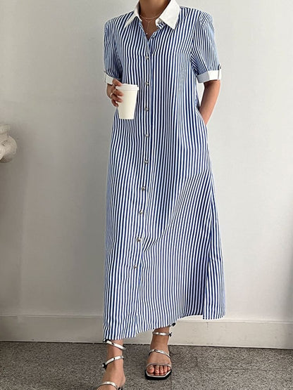 Striped A-Line Shirt Dress, Short Sleeve Maxi