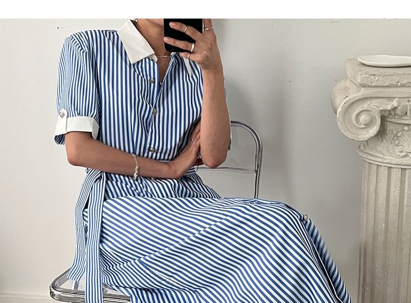 Striped A-Line Shirt Dress, Short Sleeve Maxi