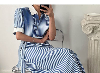 Striped A-Line Shirt Dress, Short Sleeve Maxi
