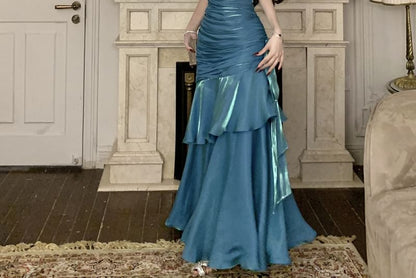 Asymmetrical Ruched Tiered Spaghetti Strap A-Line Maxi Dress