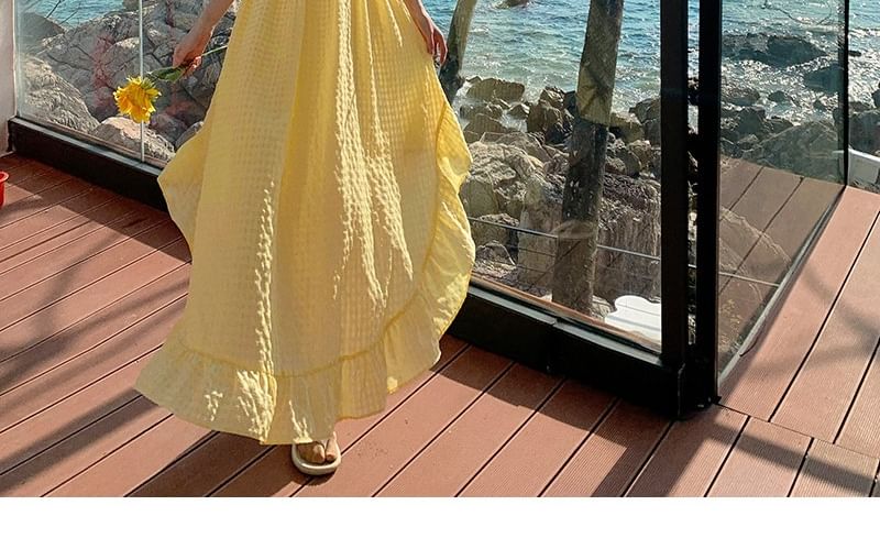 Spaghetti Strap Gingham Asymmetrical Ruffle Trim Maxi A-Line Dress