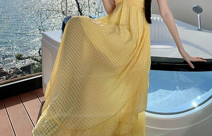 Gingham Asymmetrical Ruffle Trim A-Line Maxi Dress