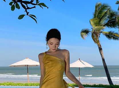 One-Shoulder A-Line Maxi Dress, Open Back Sleeveless