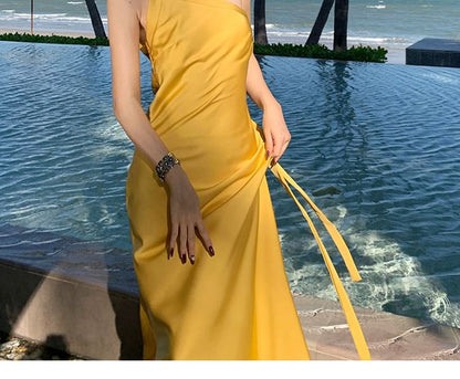 One-Shoulder A-Line Maxi Dress, Open Back Sleeveless