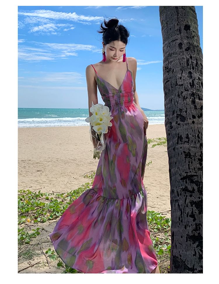 Tie-Dye Open Back Spaghetti Strap A-Line Maxi Sundress