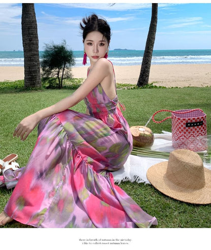 Tie-Dye Open Back Spaghetti Strap A-Line Maxi Sundress
