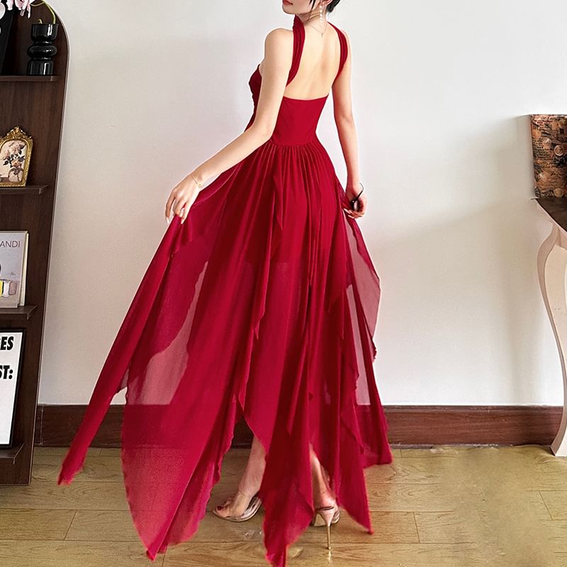 Asymmetric Open-Back Maxi Dress, Sleeveless