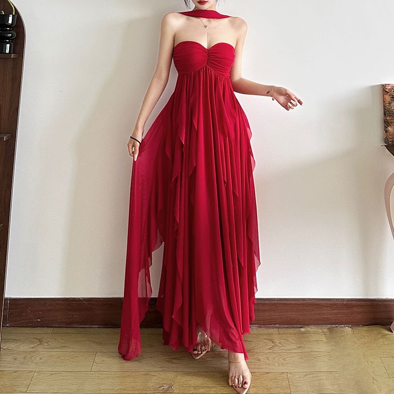 Asymmetric Open-Back Maxi Dress, Sleeveless