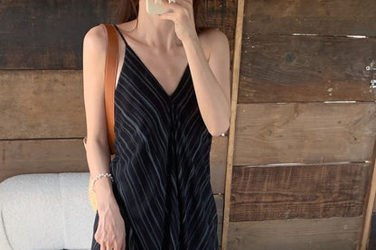 Striped V-Neck Spaghetti Strap A-Line Maxi Dress