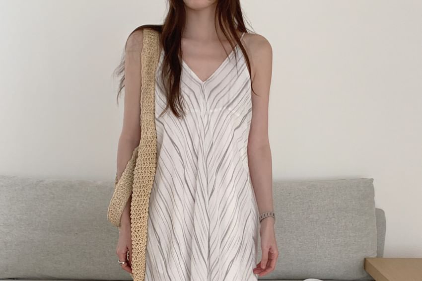 Spaghetti Strap V-Neck Striped Maxi A-Line Dress