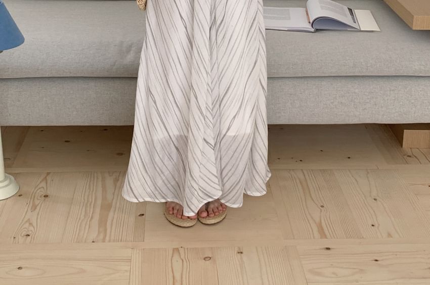 Striped V-Neck Spaghetti Strap A-Line Maxi Dress