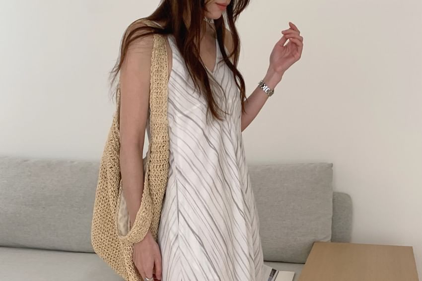Spaghetti Strap V-Neck Striped Maxi A-Line Dress