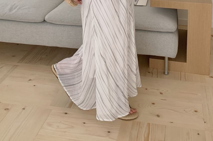 Striped V-Neck Spaghetti Strap A-Line Maxi Dress