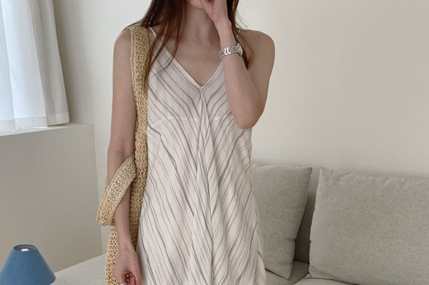 Striped V-Neck Spaghetti Strap A-Line Maxi Dress