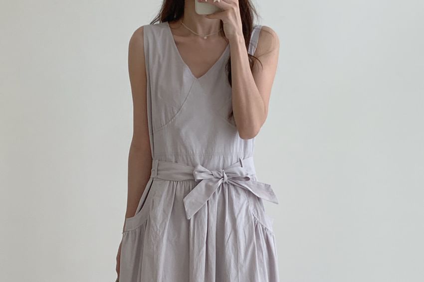 Ruched V-Neck Sleeveless A-Line Maxi Dress Set with Belt