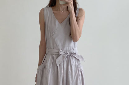 Ruched V-Neck Sleeveless A-Line Maxi Dress Set with Belt