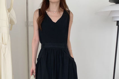 Ruched V-Neck Sleeveless A-Line Maxi Dress Set with Belt