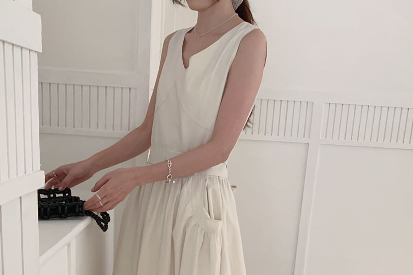 Ruched V-Neck Sleeveless A-Line Maxi Dress Set with Belt