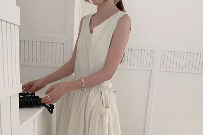 Ruched V-Neck Sleeveless A-Line Maxi Dress Set with Belt